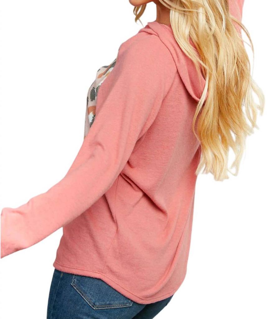 Haptics Leopard Thermal Yoke Brushed Hacci Cross Stitch Hoodie In Pink