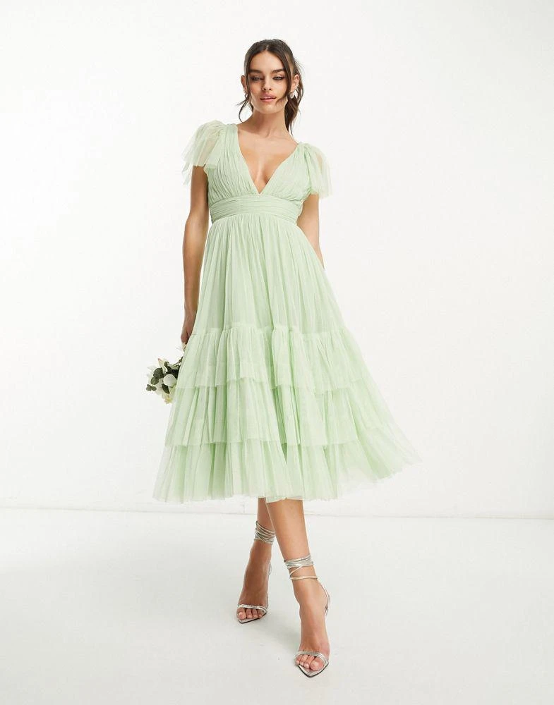Lace & Beads Lace & Beads Bridesmaid Madison v neck tulle dress in sage 1