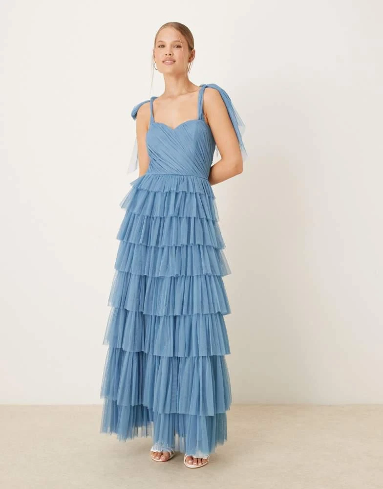 asos blue tulle dress Rent Asos Luxe Ruffle Tulle Maxi Dress In Blue main image 0