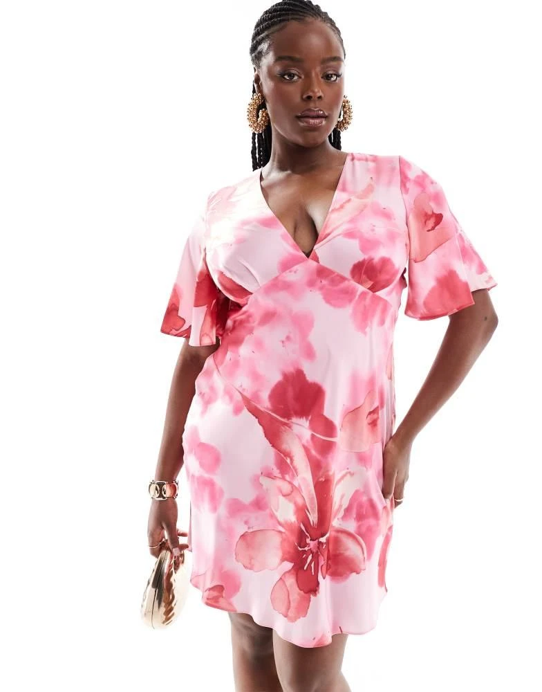 ASOS ASOS DESIGN Curve satin flutter sleeve mini dress in pink floral print 1