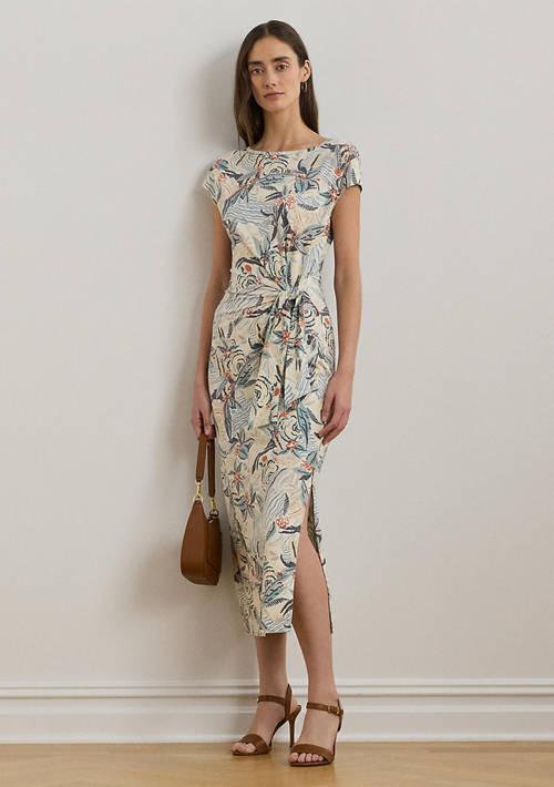 Ralph Lauren Ralph Lauren Tie Front Print Boat Neck Midi Dress