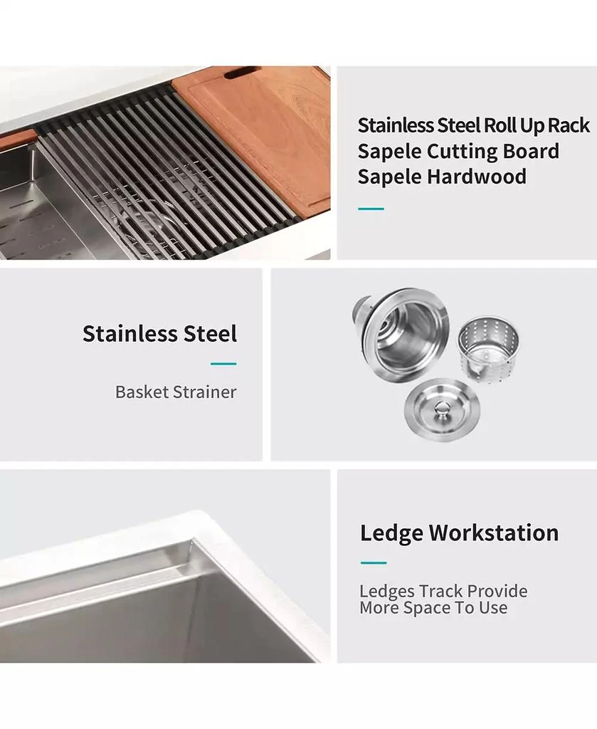 Flynama huluwat 33x22x10inch Stainless Steel Farmhouse Kitchen Sink Apron Front Workstation 16 Gauge 4