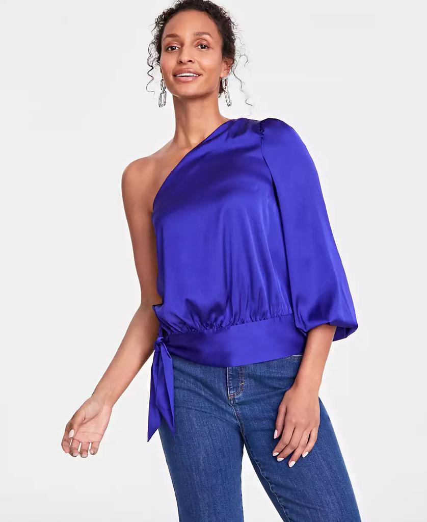 I.N.C. International Concepts Women s Satin One Shoulder Side Tie Blouse Created for Macy s Deep Iris XL Women s Blouses BeyondStyle