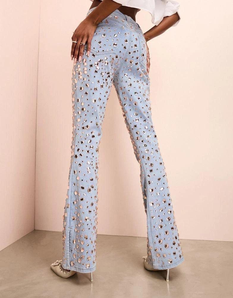 ASOS LUXE ASOS LUXE jewel embellished denim flared jeans in mid wash blue 3