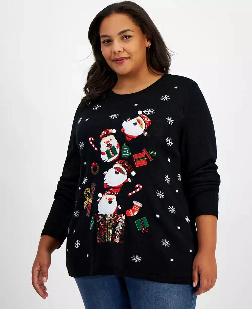 Holiday Lane Plus Santa Embellished Crewneck Sweater, Created for Macy's 1