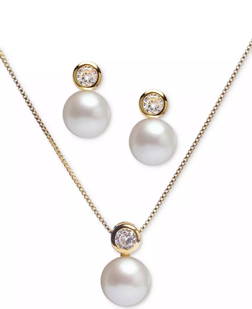 Macy
s 2-Pc. Set Cultured Freshwater Pearl (8mm) 
Cubic Zirconia 18" Pendant Necklace and Stud Earrings Set in 18k Gold-Plated Sterling Silver