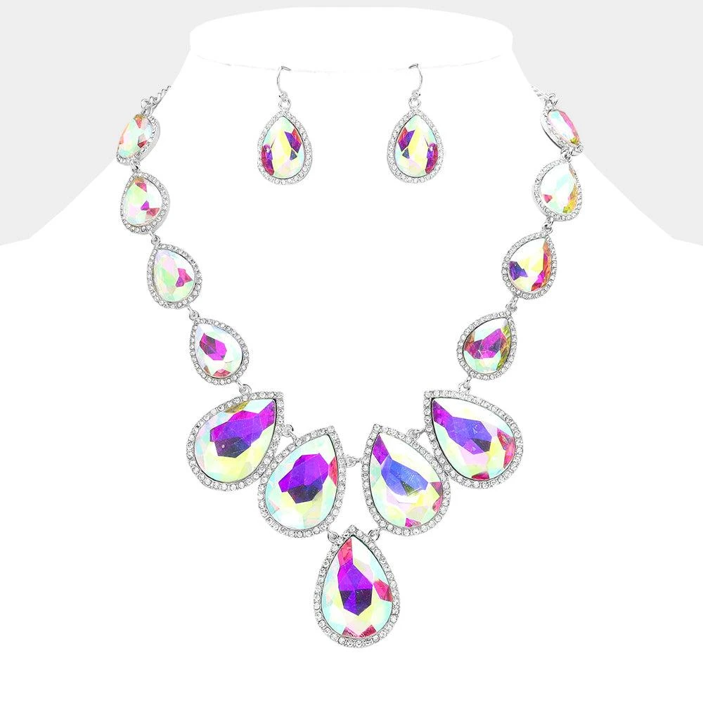 FASHNZFAB Teardrop Stone Link Evening Necklace