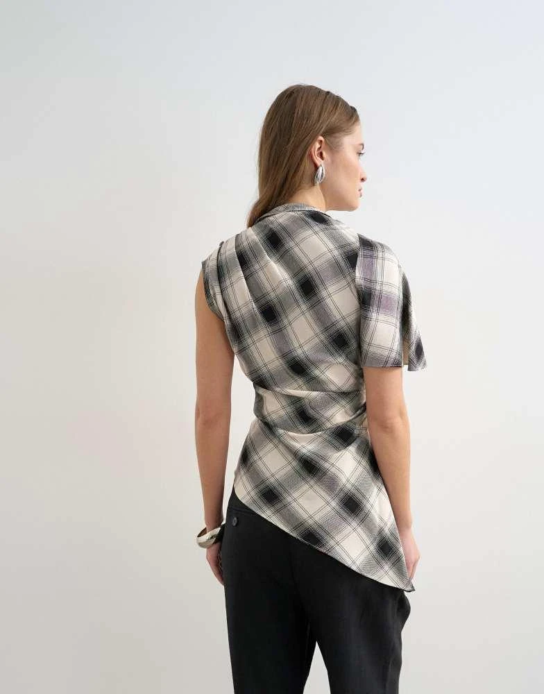 Topshop Topshop one sleeve slash neck top in check print 4