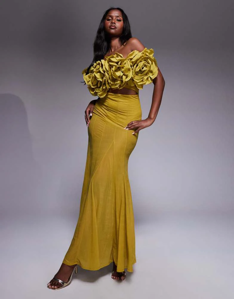 Shop ASOS DESIGN Premium off shoulder flower detail maxi dress in olive on  Sale at BeyondStyle  Get 65% Off ASOS DESIGN Premium off shoulder flower  detail maxi dress in olive with