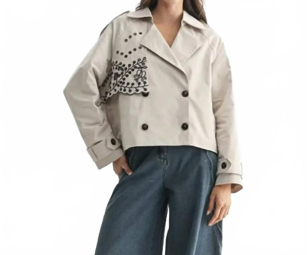 Camellia Embroidered Trench Jacket In Beige