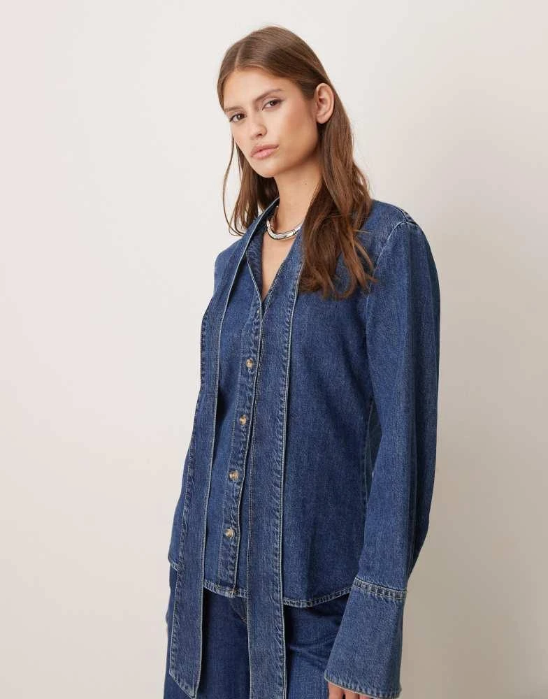 Mango Msngo 100% cotton denim shirt with tie neck in blue 2