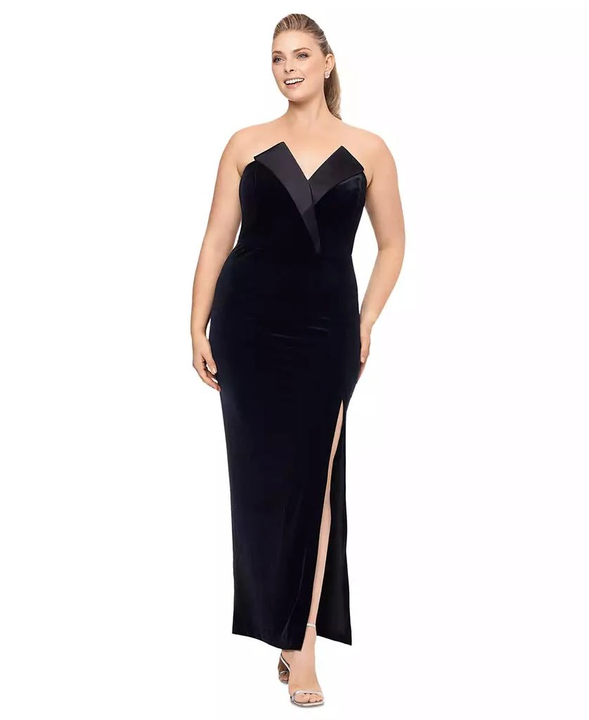 Betsy & Adam Plus Size Strapless Front-Slit Velvet Gown 1