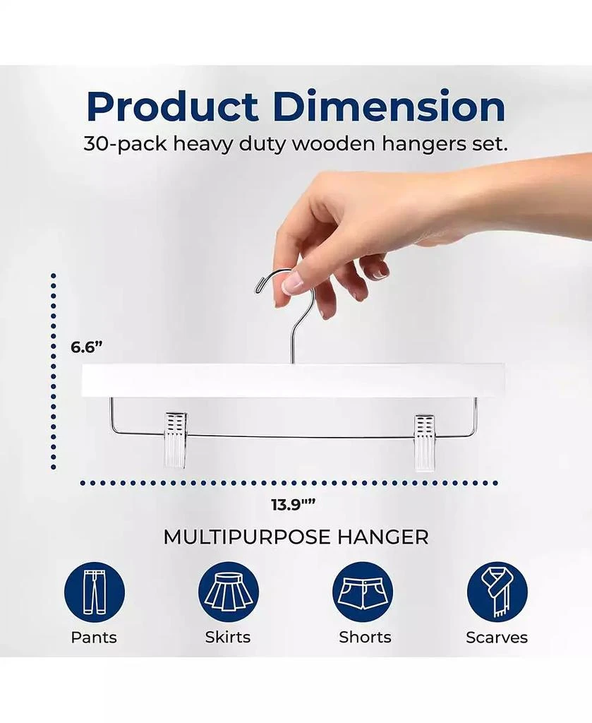 SereneLife 30 Pcs. Premium Wooden Pants Hangers - Heavy Duty Hanger Set with Chrome 360° Swivel Hook (White 7