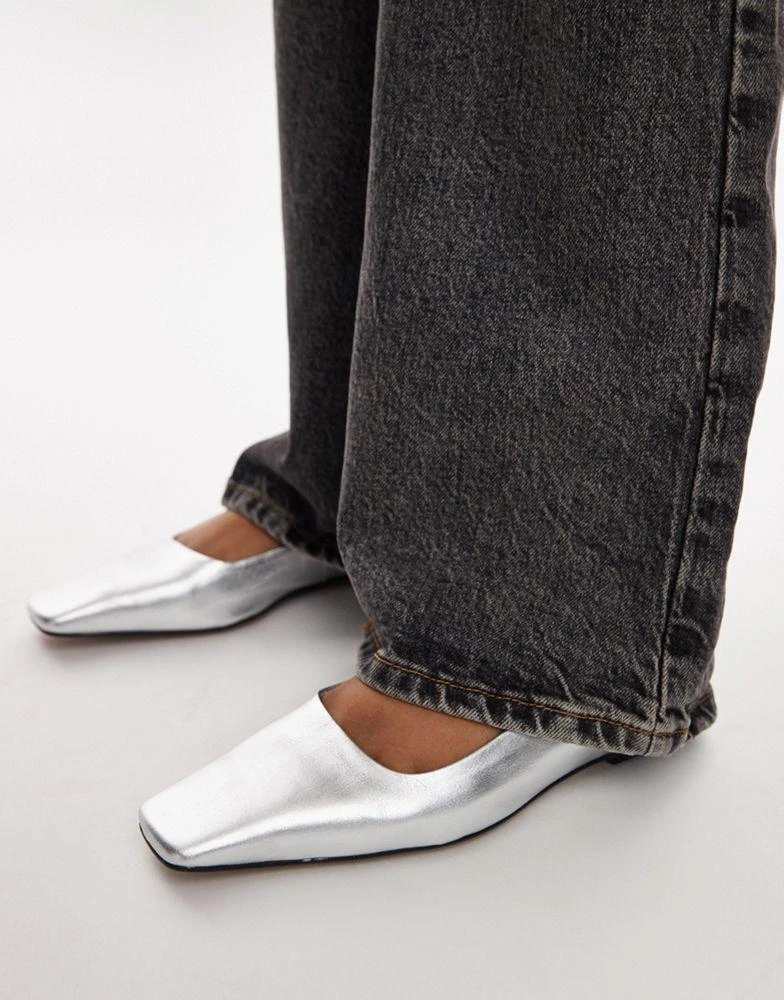 Topshop Topshop Blakely premium leather square toe ballet flats in silver 1
