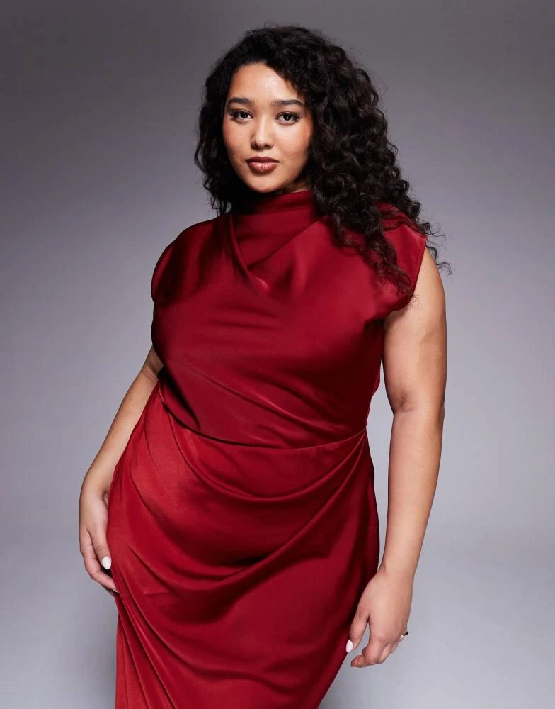 asos red pleated dress ASOS DESIGN satin high neck pleated bodice midi dress in burgundy
