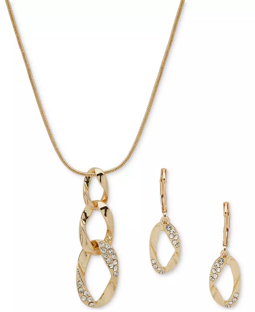 Anne Klein Gold-Tone Pavé Link Pendant Necklace & Drop Earrings Set