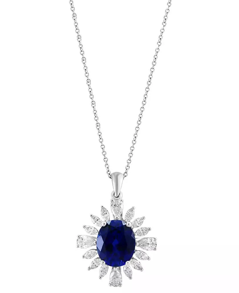 Effy EFFY® Lab Grown Sapphire (4-1/2 ct. t.w.) 
Lab Grown Diamond (1-3/4 ct. t.w.) Starburst Halo 18" Pendant Necklace in 14k White Gold