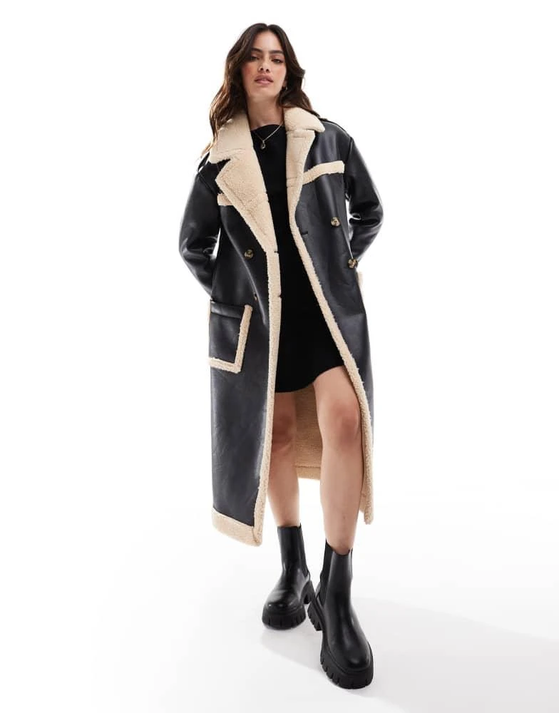 Wednesday's Girl Wednesday's Girl faux shearling oversized aviator longline coat in black and cream 1
