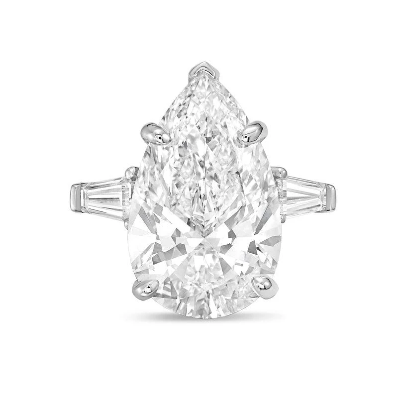 Diana M Jewels Platinum 6ct lab grown pear diamond ring with baguettes on the sides