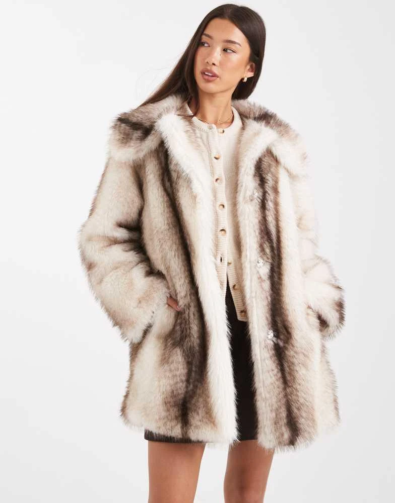 ASOS ASOS DESIGN top collar midi faux fur coat in cream stripe 1