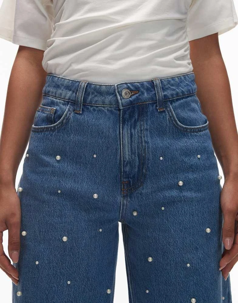 ASOS ASOS DESIGN wide leg jean with pearl detail in mid blue 5