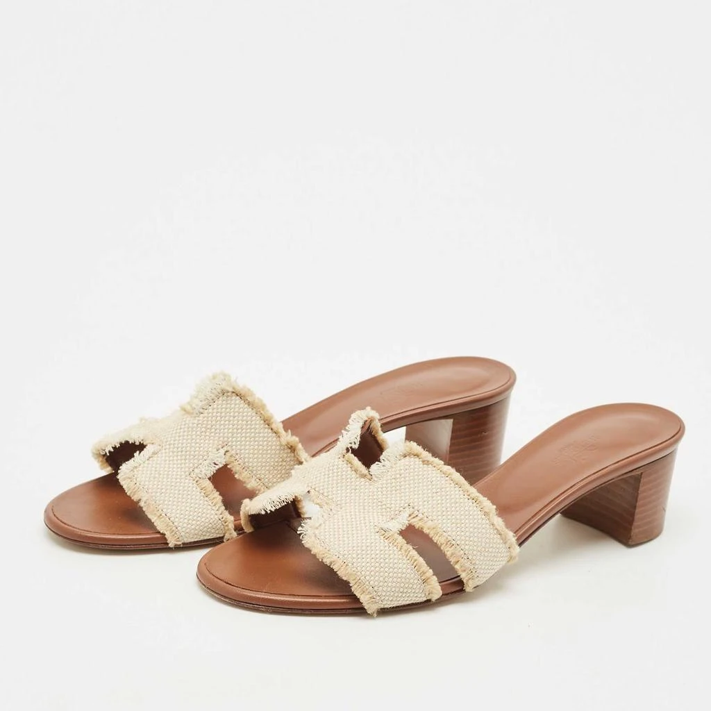 Hermes Hermes Brown/Cream Canvas Oasis Slide Sandals Size 39.5 2