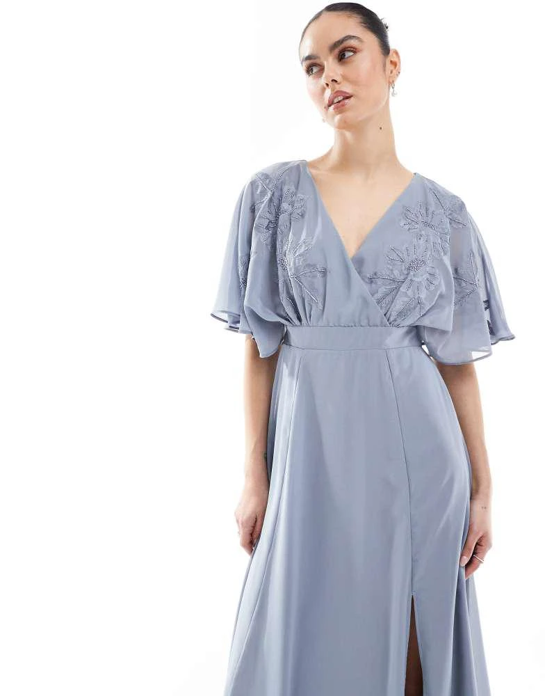 Maya Petite Maya Floral embroidered short sleeve maxi bridesmaid dress in dusty blue 3