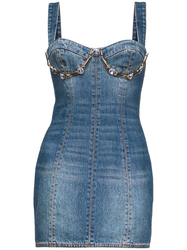 AREA Embellished Claw Cup Denim Mini Dress