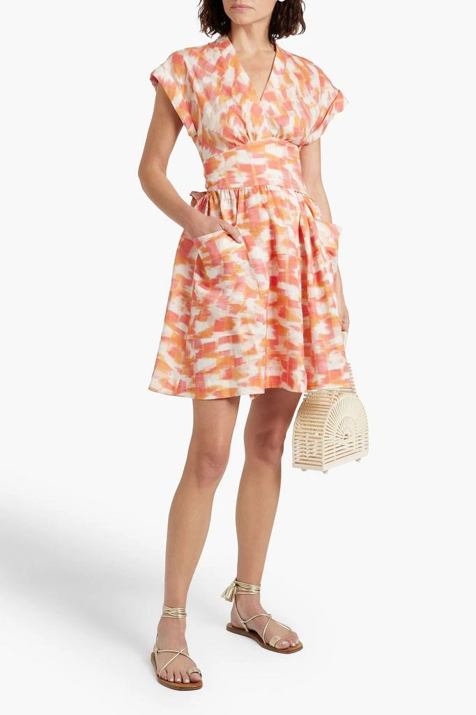 Three Graces London Aurora gathered printed linen mini wrap dress 2
