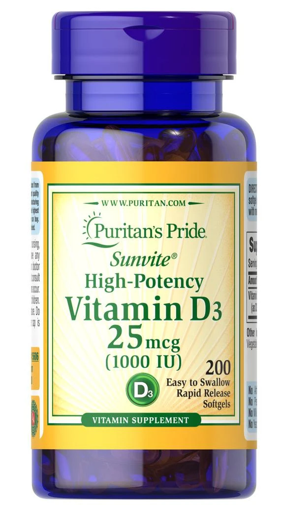 Puritan's Pride Vitamin D3 1000 IU (25mcg) 200 Softgels 1