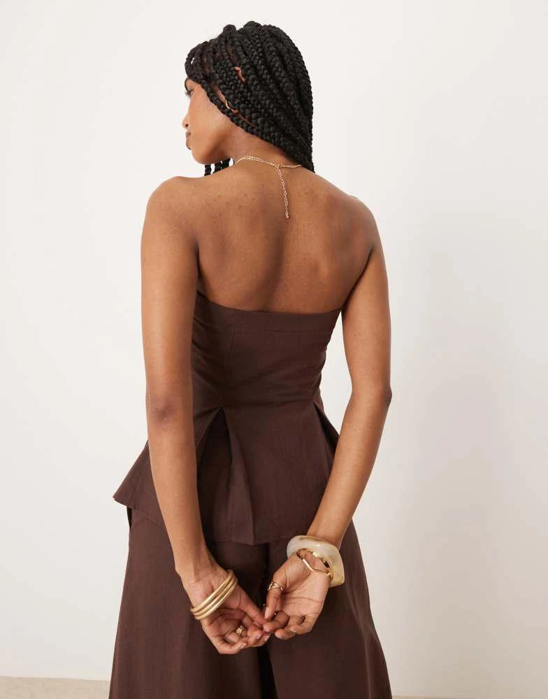 ASOS ASOS DESIGN linen blend cinch waist bandeau top in chocolate 3