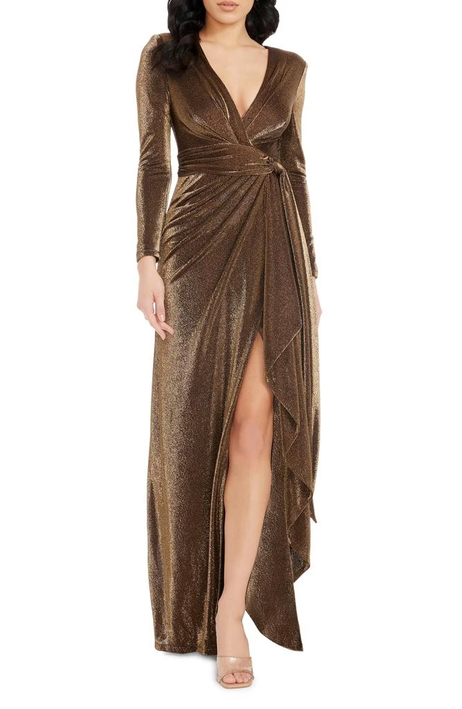 Shania Metallic Wrap Front Long Sleeve Gown