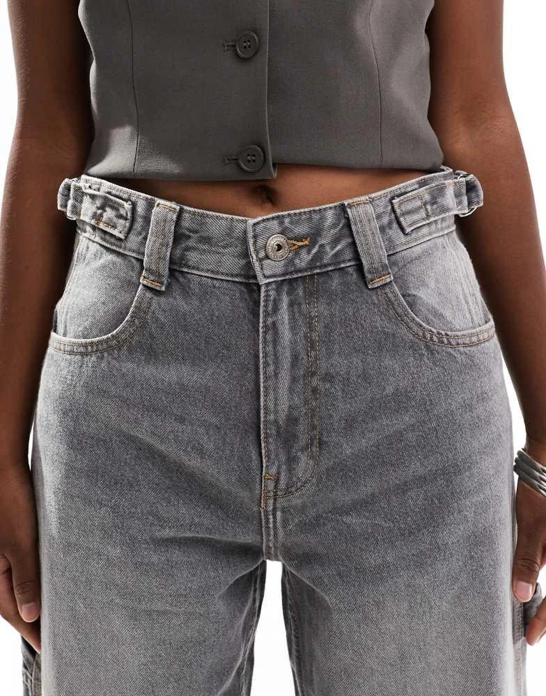 Bershka Bershka adjustable waist carpenter jeans in grey wash 5