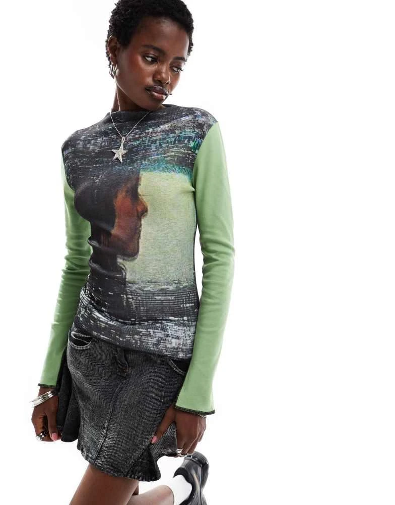 Basic Pleasure Mode Basic Pleasure Mode analogue printed long sleeve mesh top in multi 2