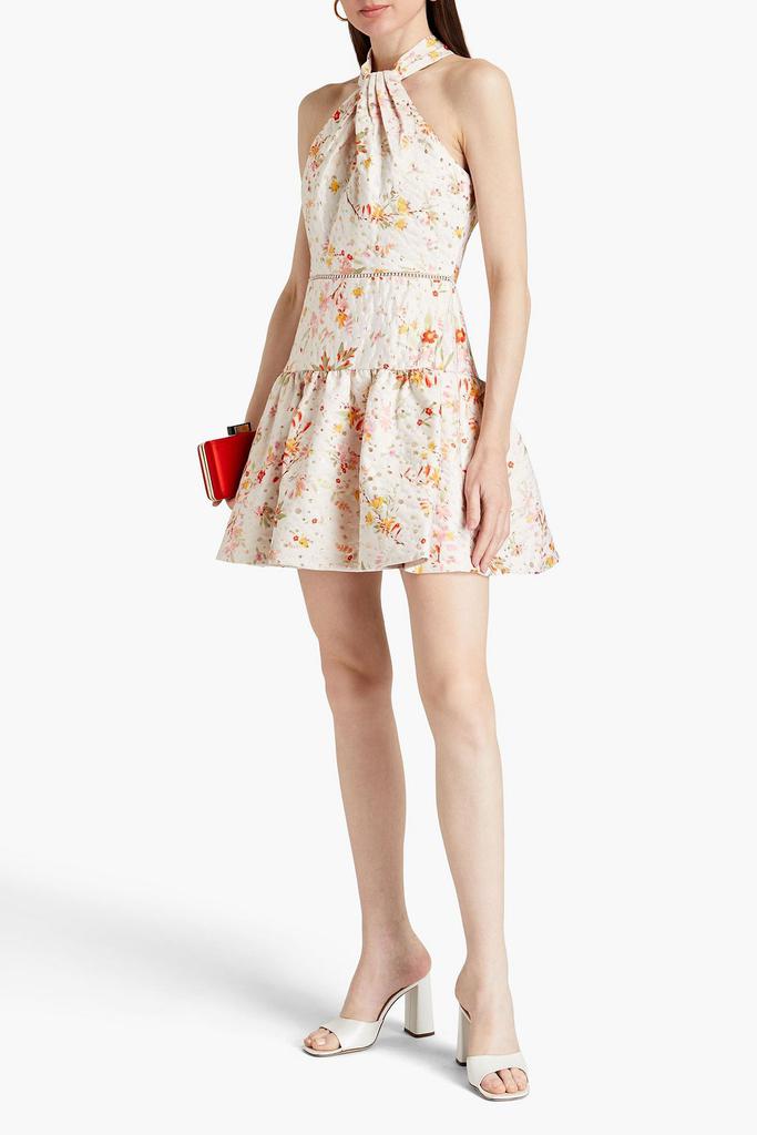 Monique Lhuillier Floral-print metallic fil coupé satin-twill mini dress