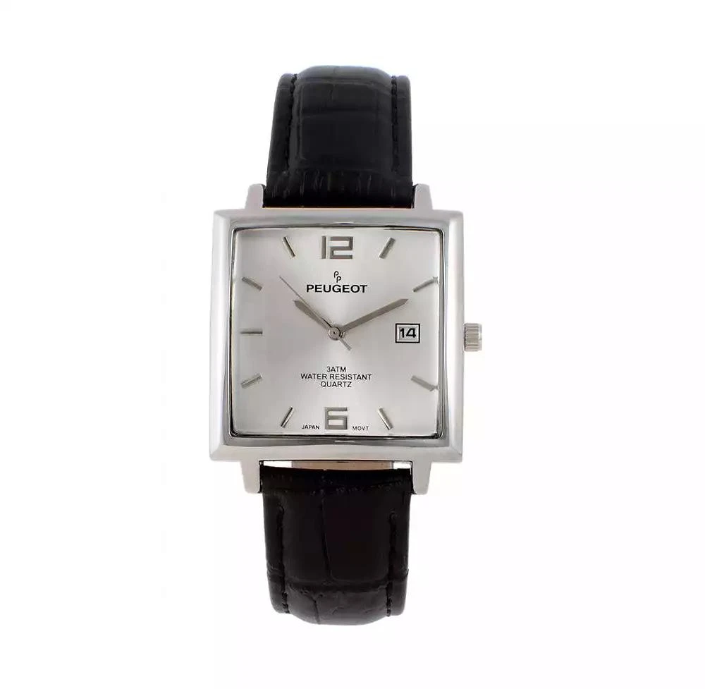 Peugeot Men's 35mm Silver Plated Square Watch with Black leather Strap 1