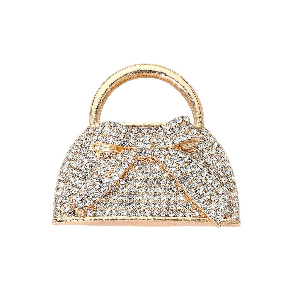 FASHNZFAB Rhinestone Studded Bow Accent Mini Handbag Pin Brooch 3