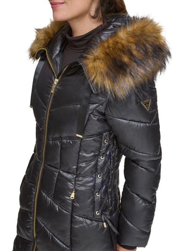 GUESS Chevron Faux Fur Trim Hooded Puffer Coat 3