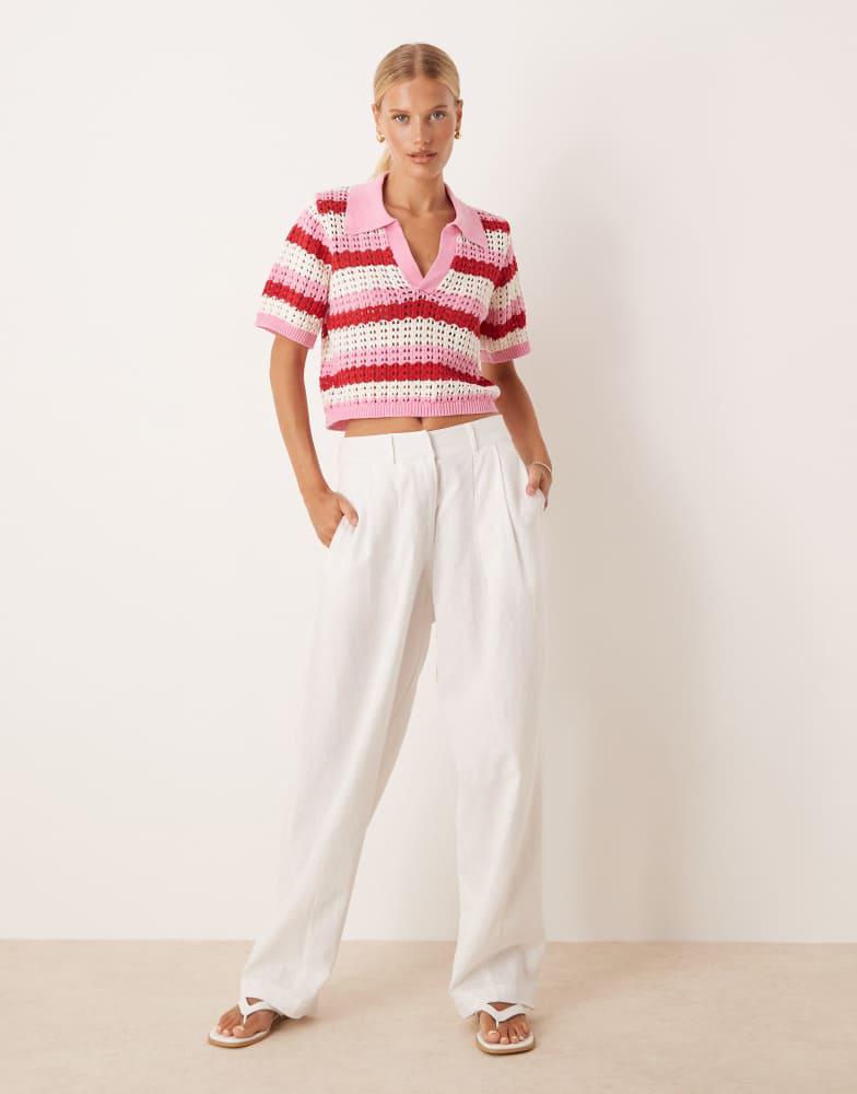 Brave Soul Brave Soul Stripe pointelle knit collared t-shirt in pink