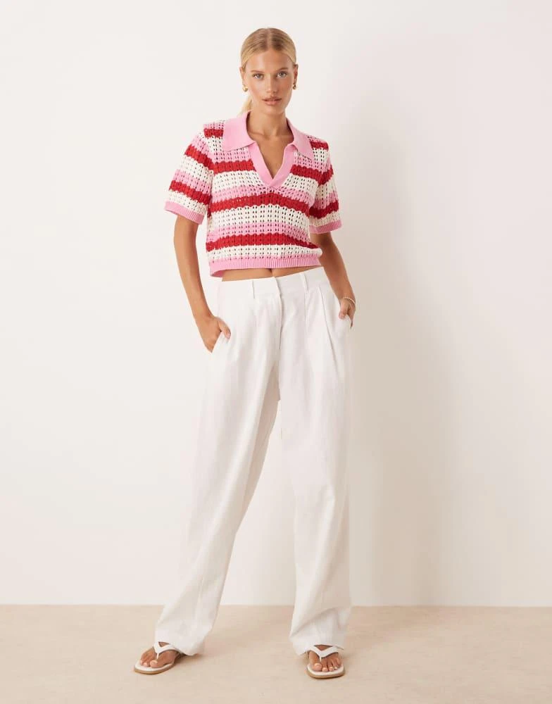Brave Soul Brave Soul Stripe pointelle knit collared t-shirt in pink 2