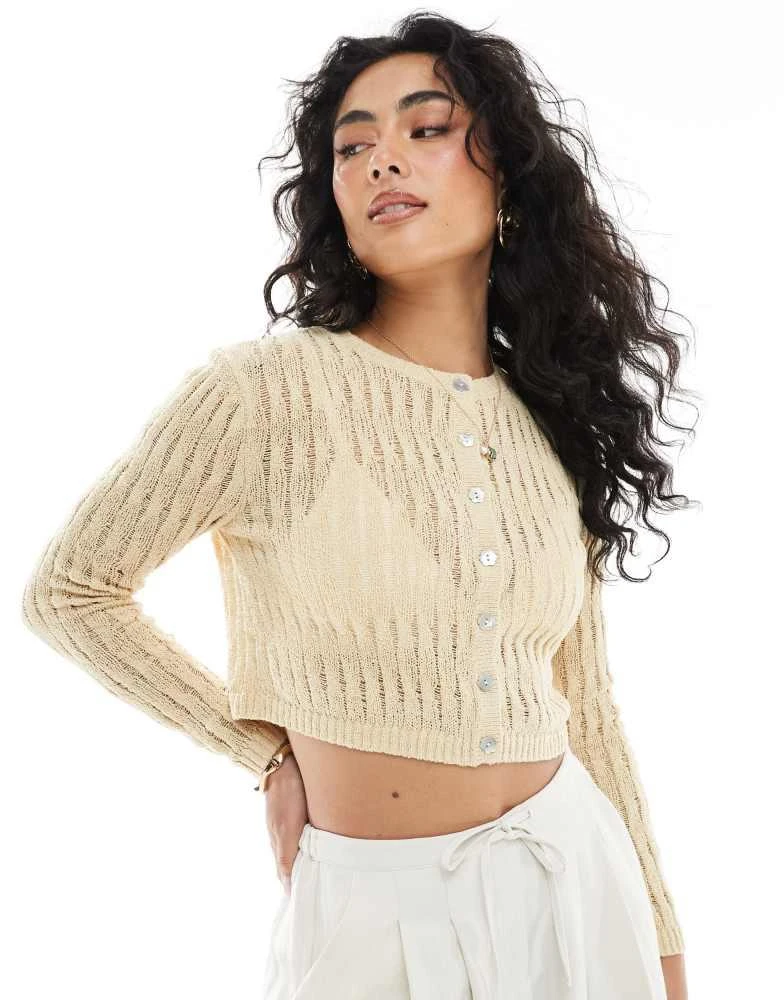 Monki Monki stitch detail cardigan in butter yellow 1