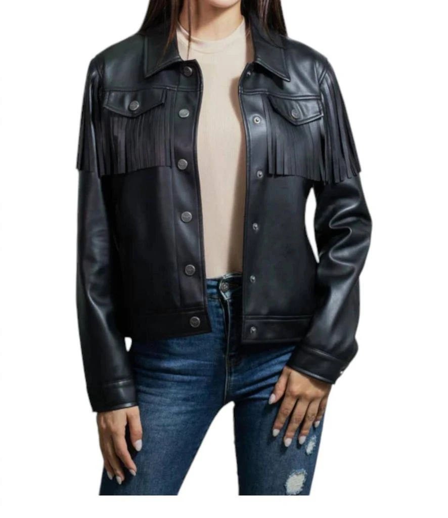Wrangler Faux Leather With Fringe Trucker Jacket In Black 1