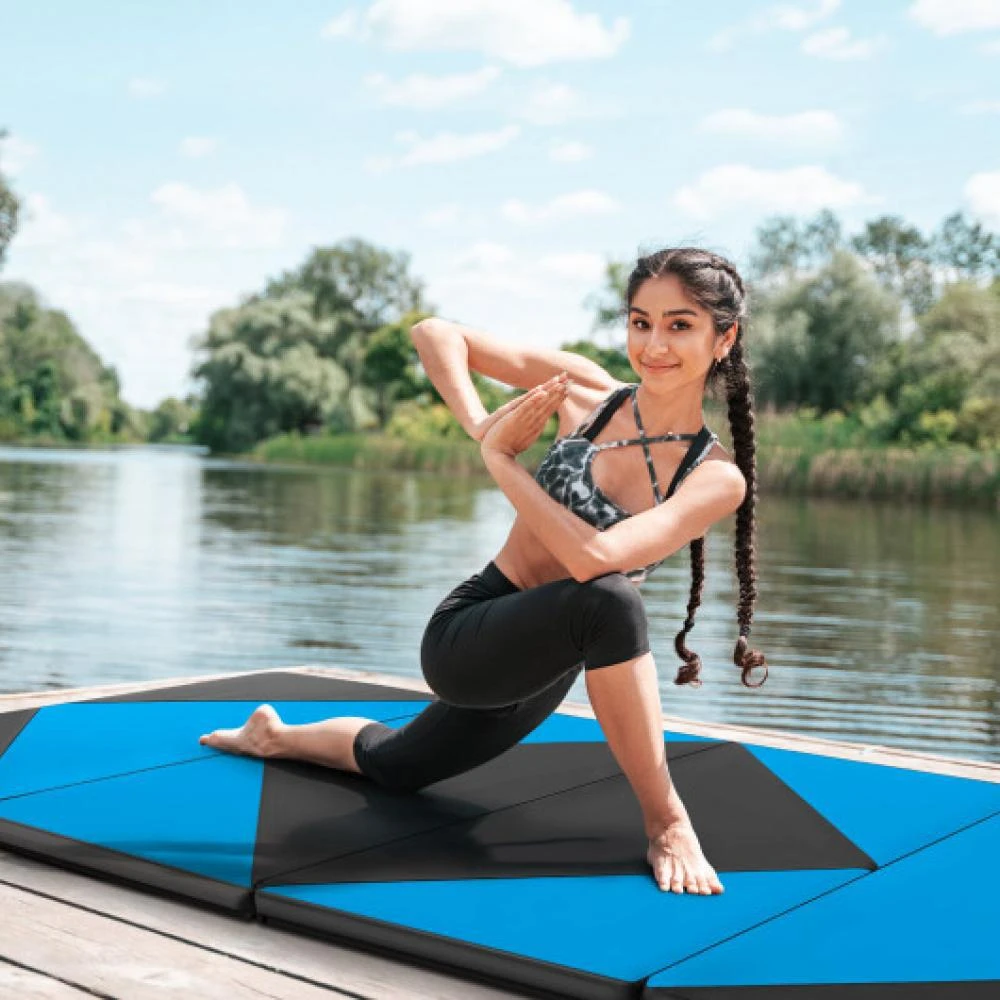 Hivvago 8 Feet PU Leather Folding Gymnastics Mat with Hook and Loop Fasteners-Blue 1