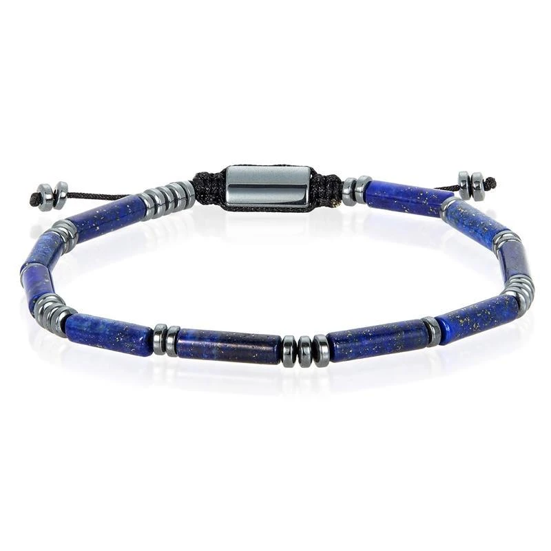 Crucible Jewelry Crucible Los Angeles Hematite and Lapis Lazuli Tube Stone Hematite Bead Adjustable Cord Tie Bracelet 1