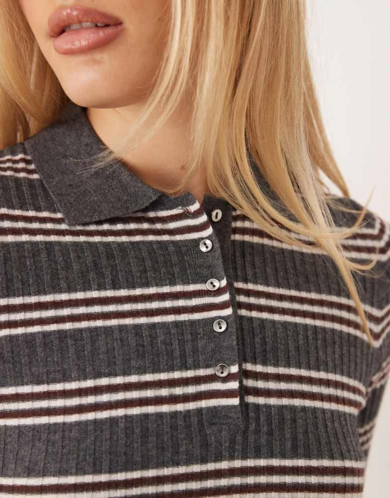 Mango Mango short sleeve knitted polo top in grey stripe 3