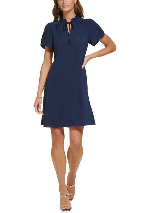 DKNY Womens Short Sleeve Ruffle Neck Solid Chiffon Shift Dress 1