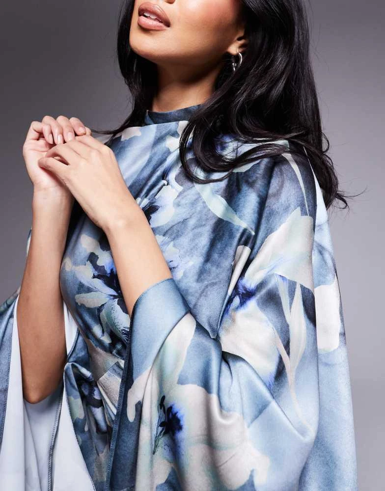 ASOS ASOS DESIGN funnel neck satin maxi dress with exaggerated sleeves in blue floral print 3