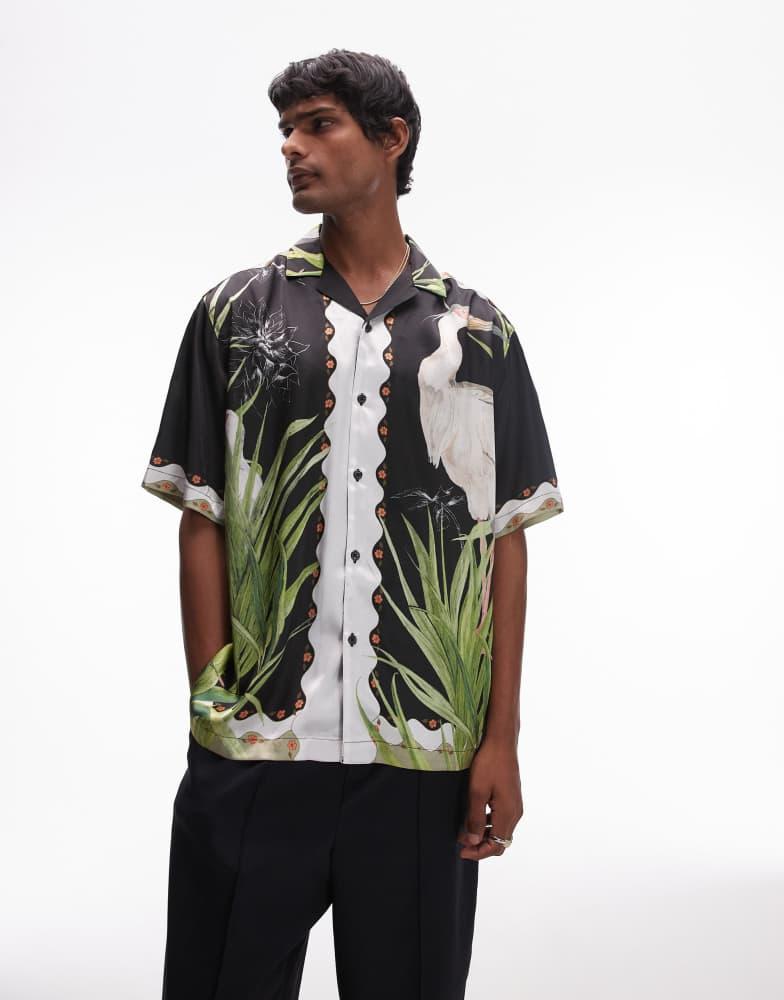 Topman Topman short sleeve satin heron shirt in black