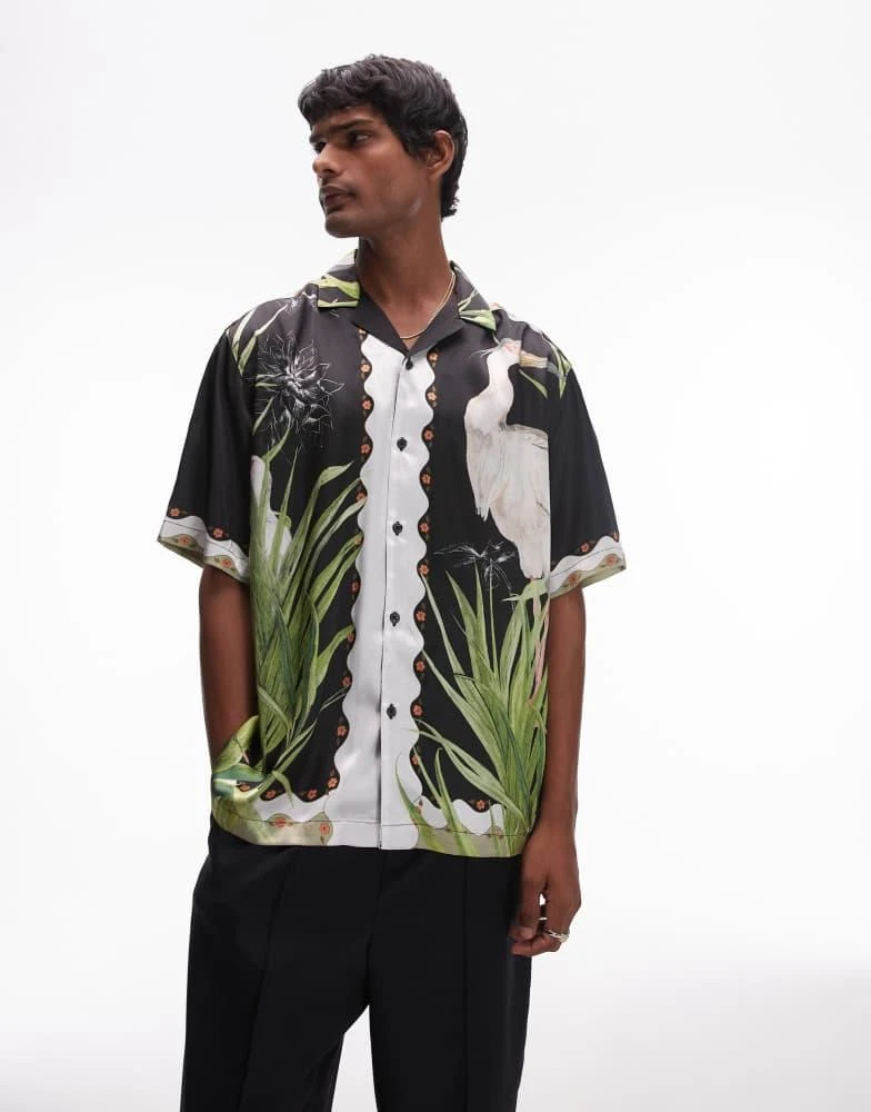 Topman Topman short sleeve satin heron shirt in black 1