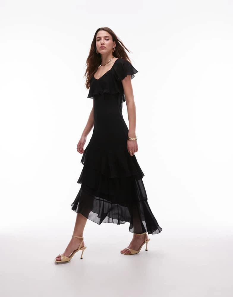 & Other Stories & Other Stories asymmetric midaxi dress with tiered ruffles in black 1